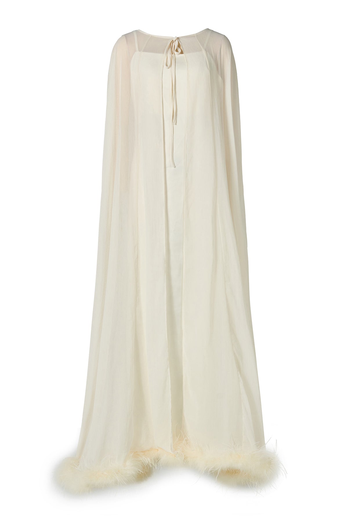 Slip Satin Maxi Dress With Ostrich Feather Cape