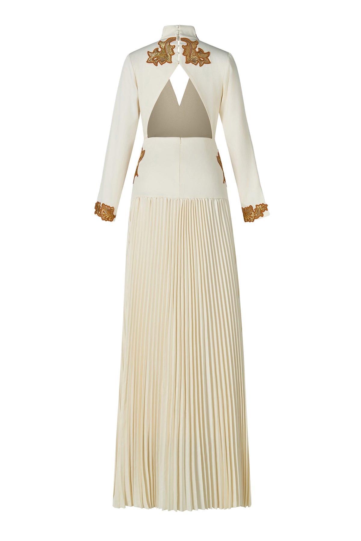 Appliquéd V-Neck Pleated Maxi Dress