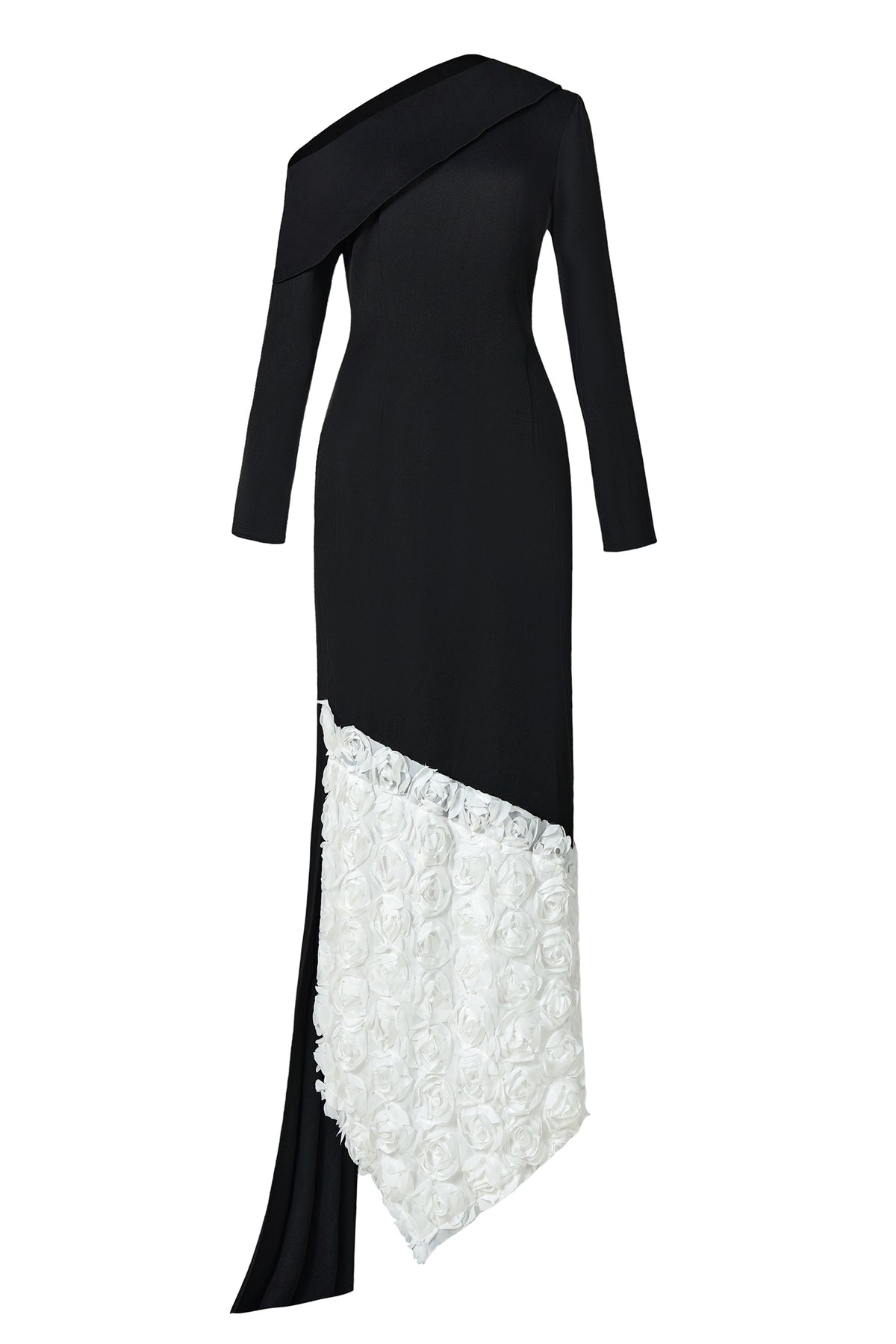 Contrast Color 3D Flower Skew Collar Maxi Dress