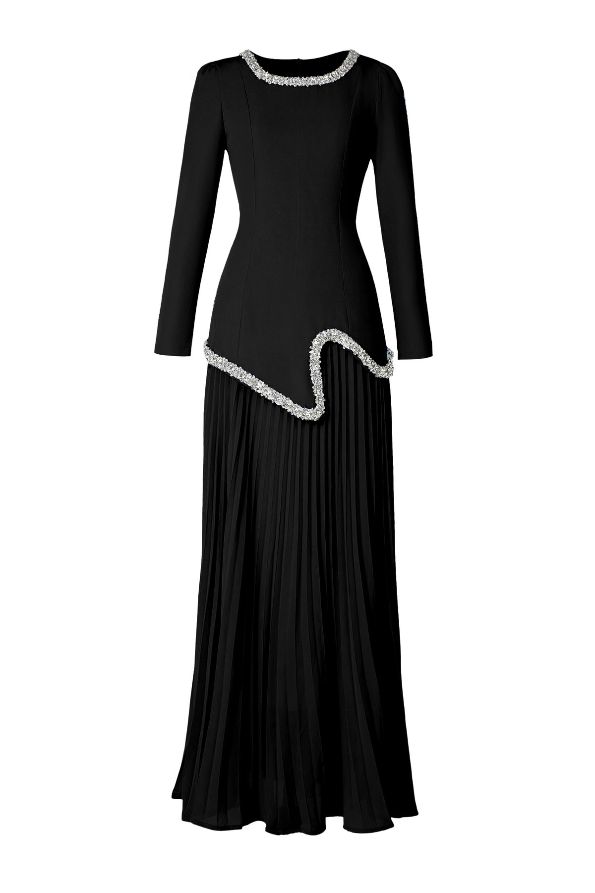 Rhinestone Long Sleeve Top & High Waist Pleated Midi Skirt Set