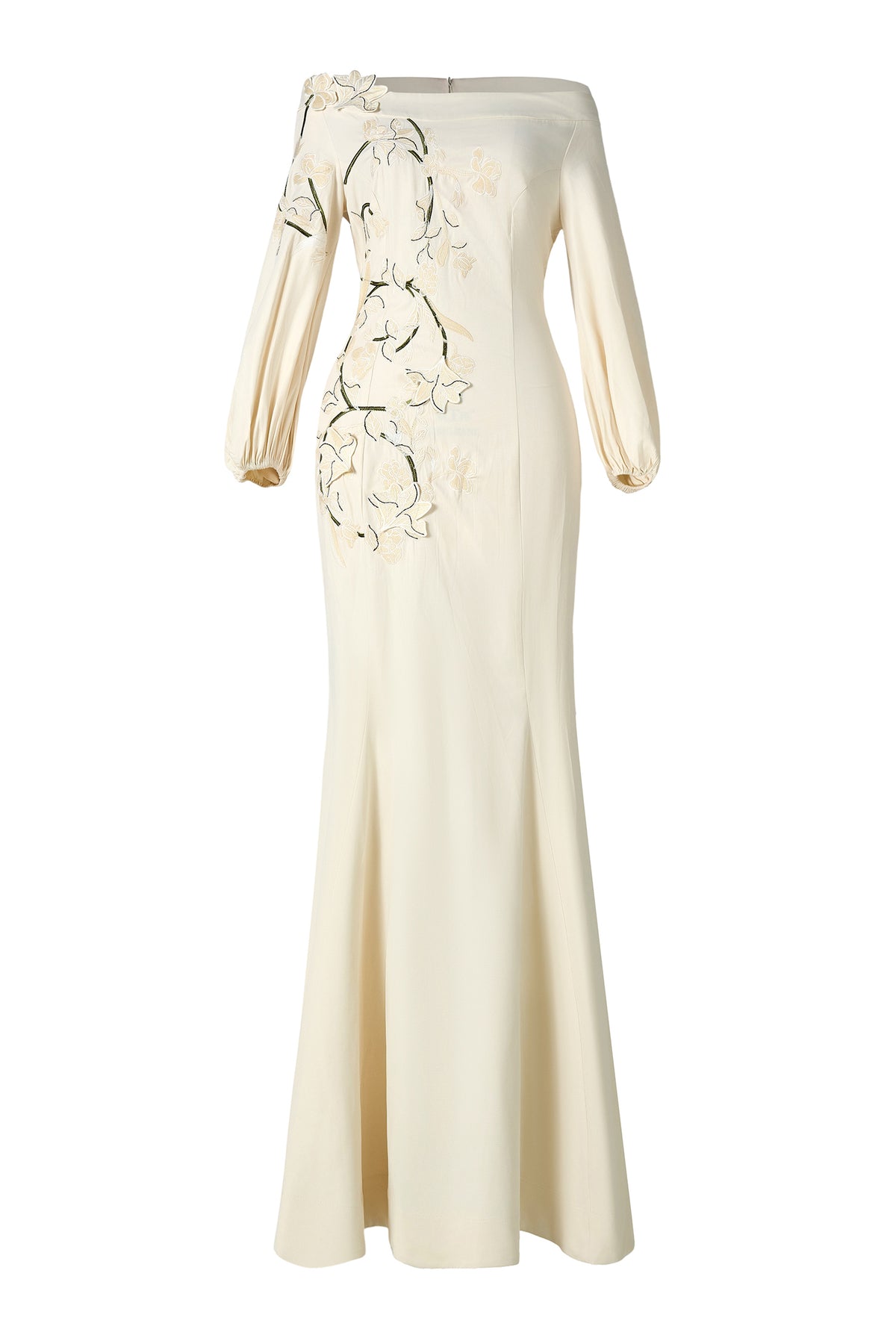 Floral Appliquéd Puff Sleeve Maxi Dress