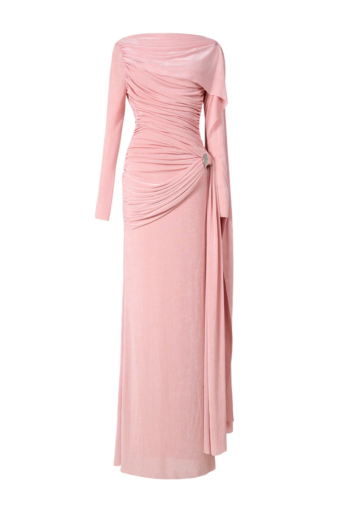 Solid Gathering Metal Button Cape Sleeve Maxi Dress
