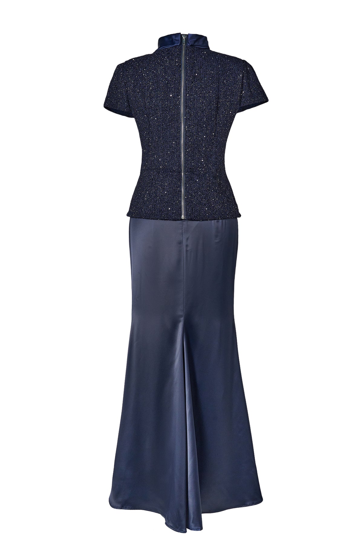 Rivet Stand Collar Top & Satin High Waist Midi Skirt Set