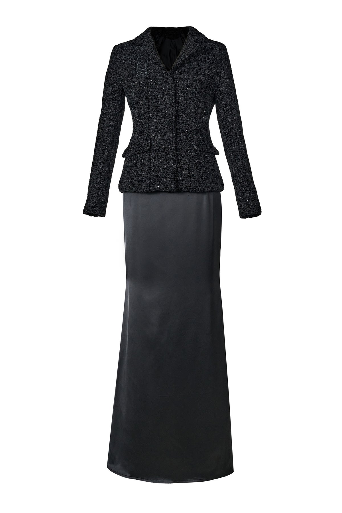 Tweed Single Breasted Tailored Collar Blazer & Satin Maxi Skirt Set