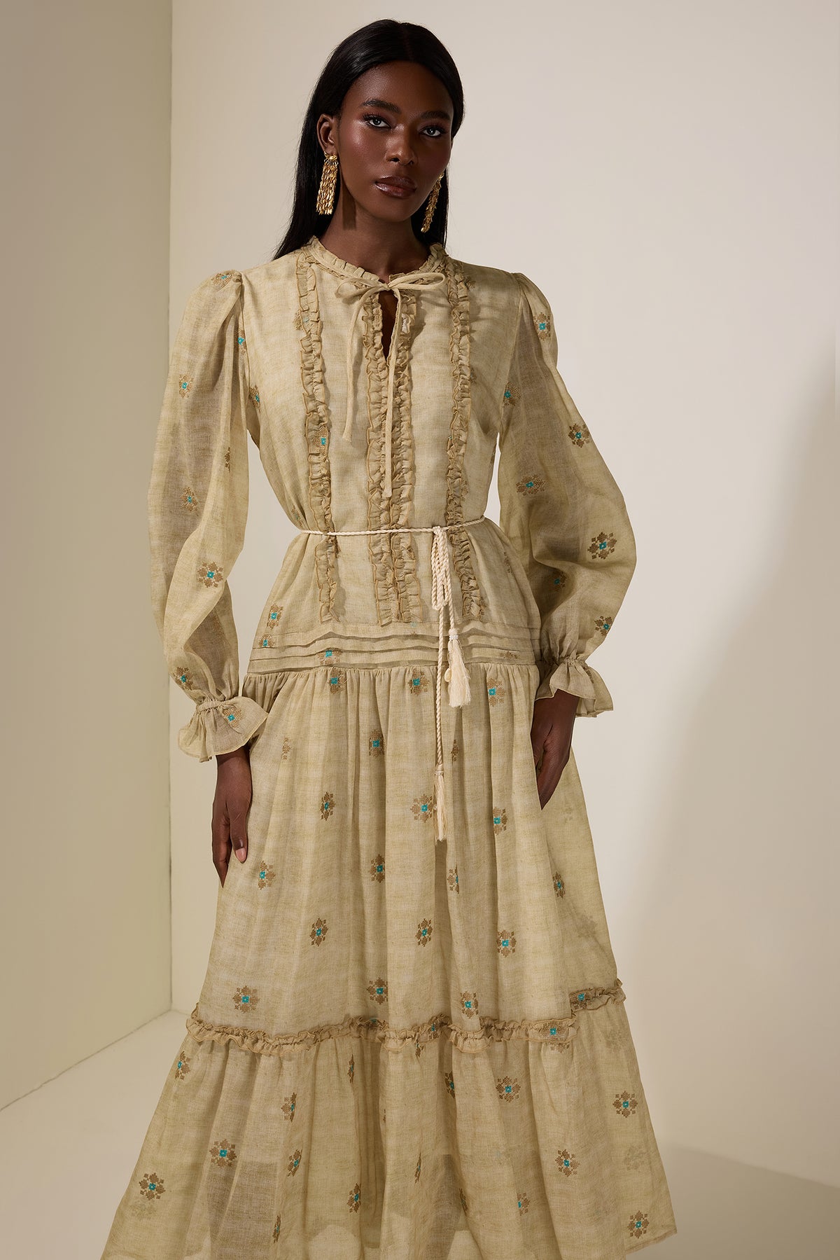 Embroidered Frill Tie-Up Midi Dress With Belt