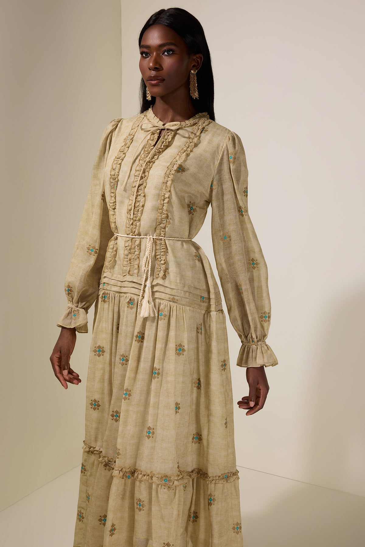 Embroidered Frill Tie-Up Midi Dress With Belt