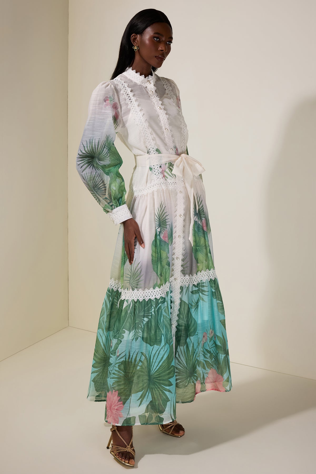 Botanical Print Single Breasted Maxi Dress With Belt