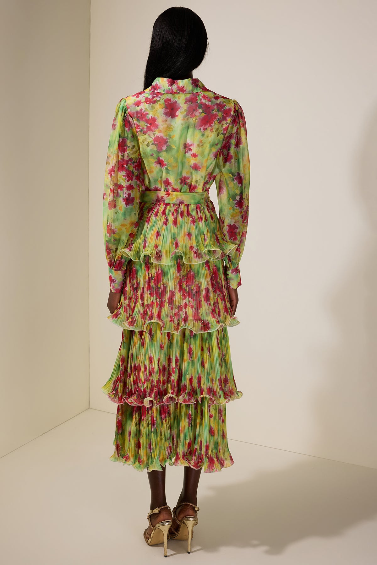 Floral Pleated Ruffle Midi Dress