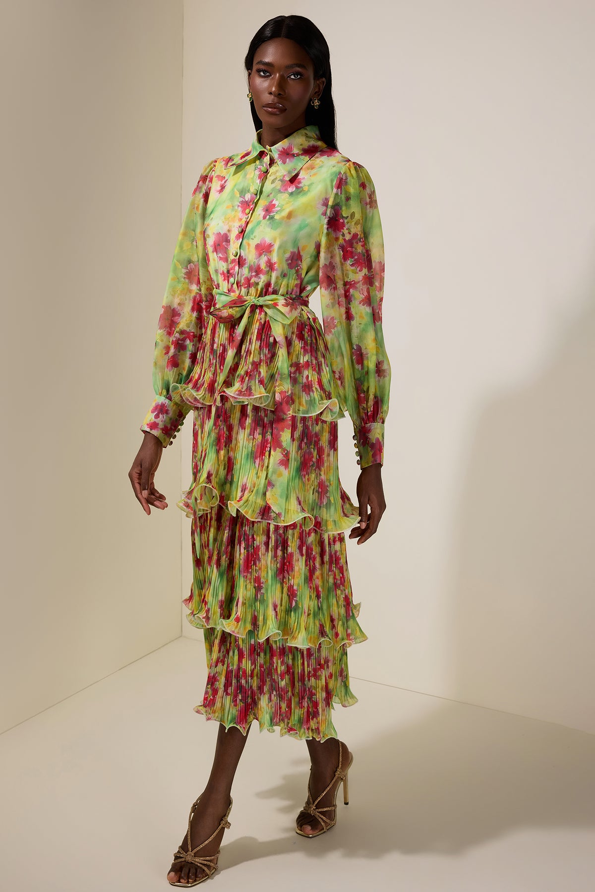 Floral Pleated Ruffle Midi Dress