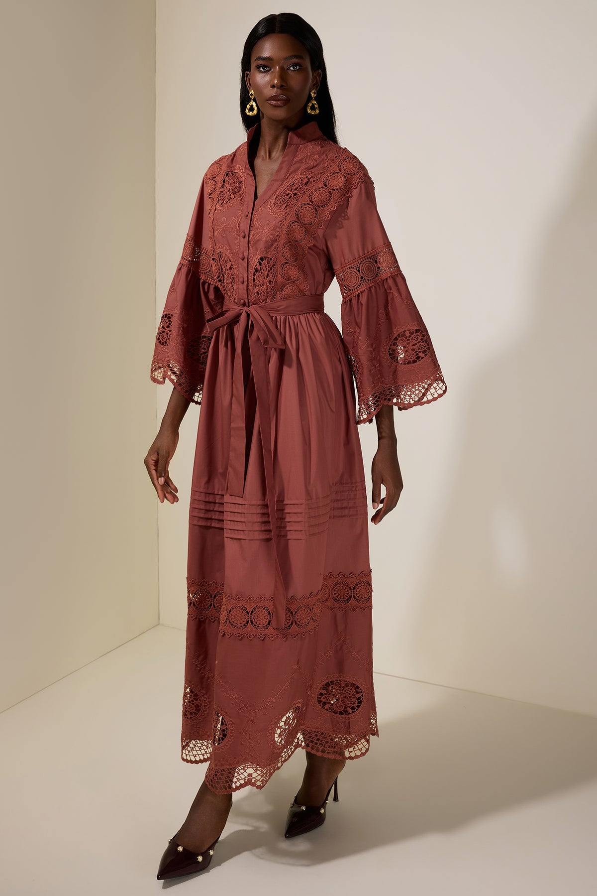 Embroidered Lace Bell Sleeve Maxi Dress