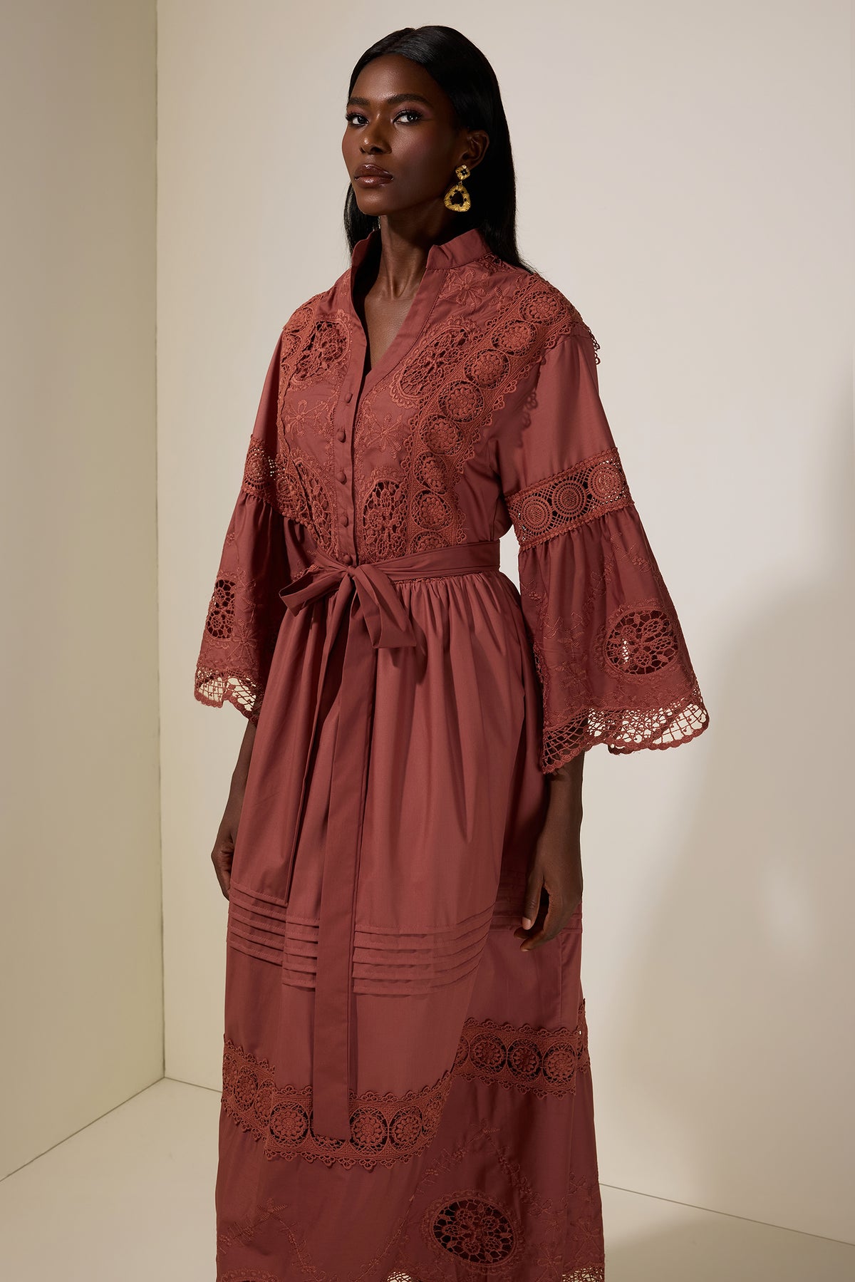 Embroidered Lace Bell Sleeve Maxi Dress