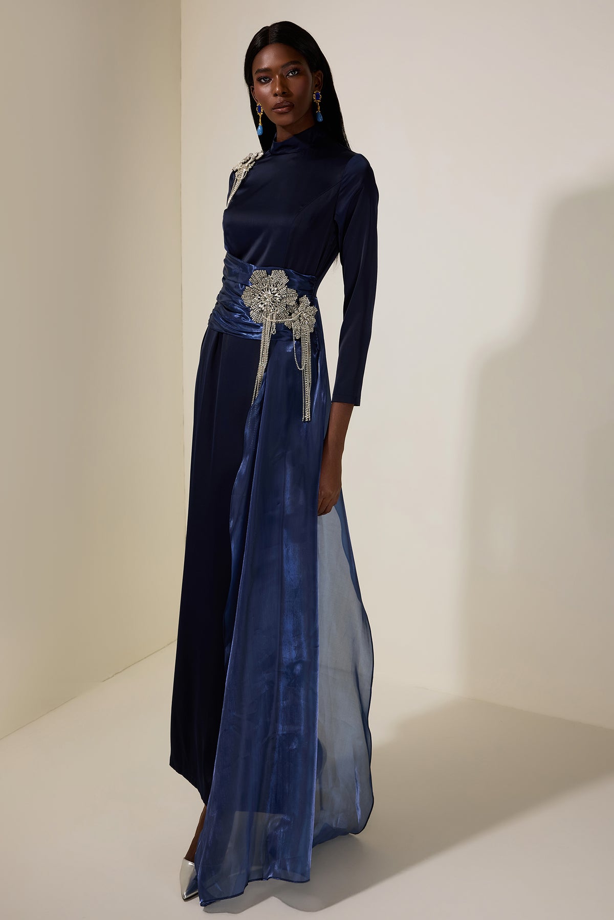 Rhinestone 3D Flower Satin Maxi Dress