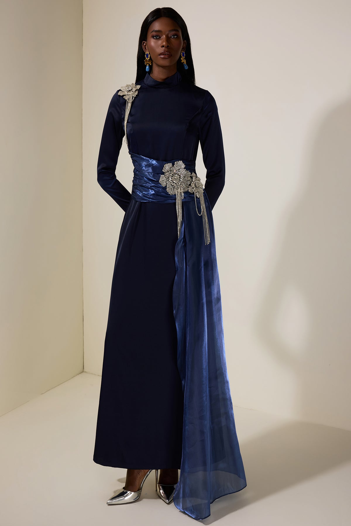 Rhinestone 3D Flower Satin Maxi Dress