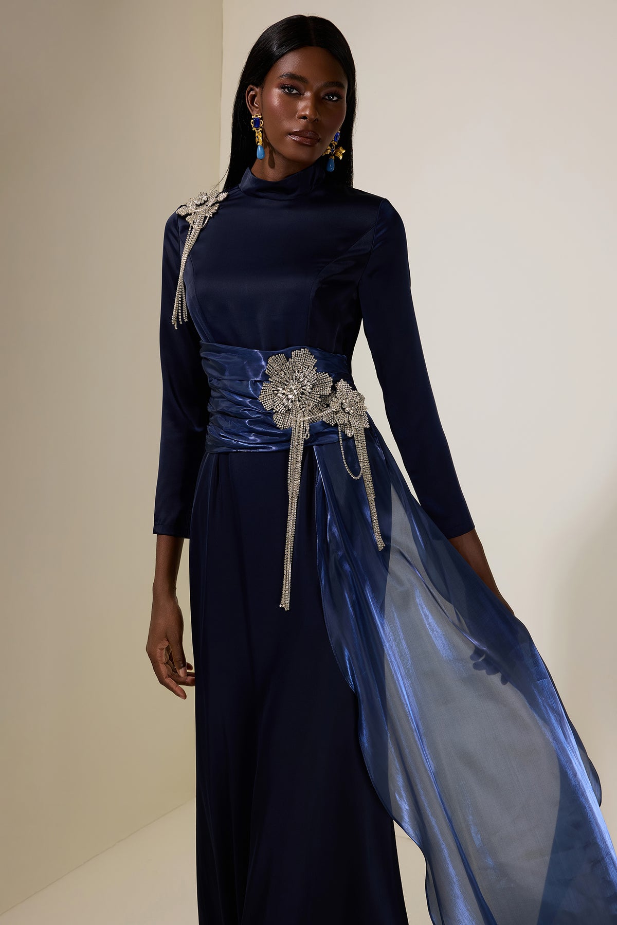 Rhinestone 3D Flower Satin Maxi Dress