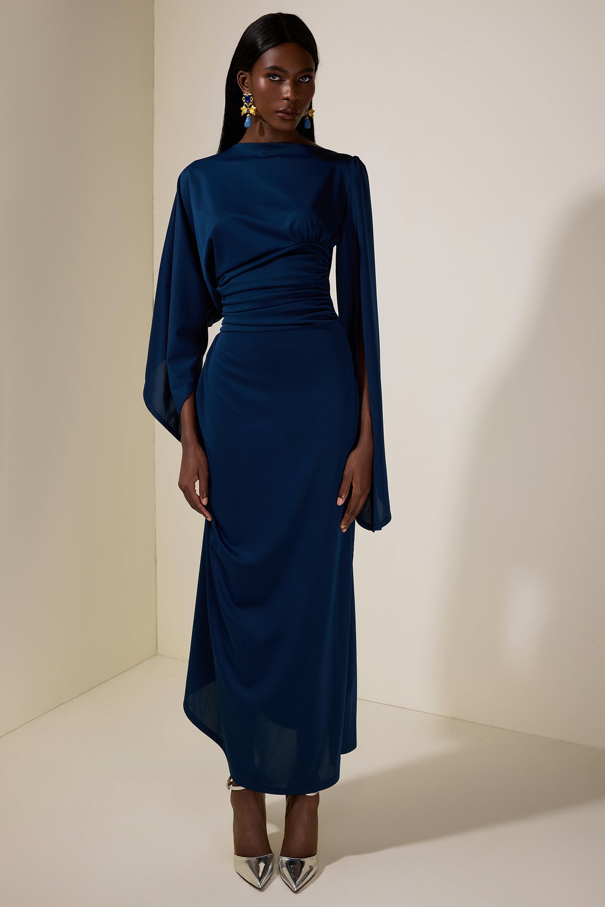 Jersey Gathering Cape Sleeve Maxi Dress