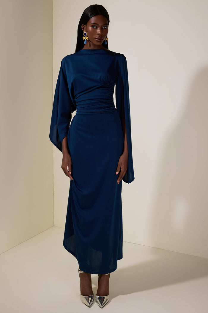 Jersey Gathering Cape Sleeve Maxi Dress