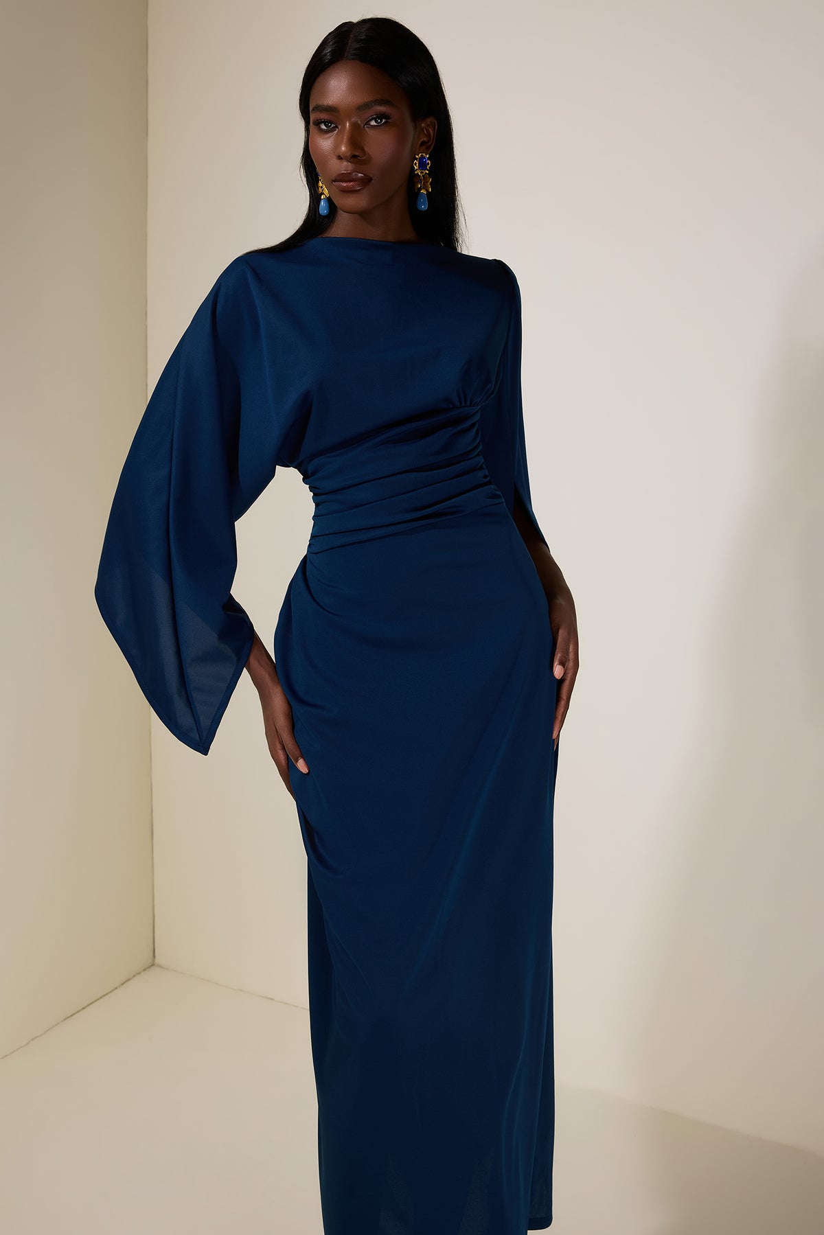 Jersey Gathering Cape Sleeve Maxi Dress