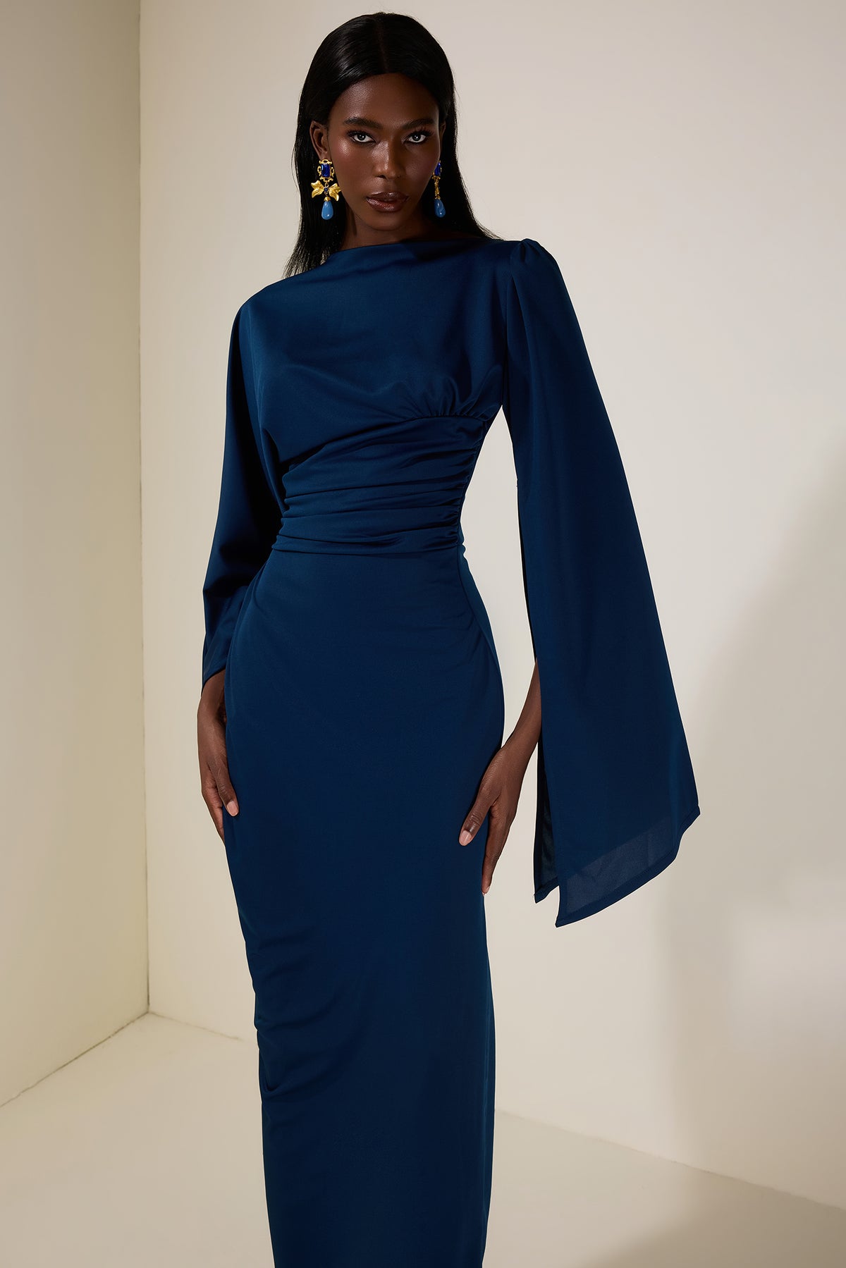 Jersey Gathering Cape Sleeve Maxi Dress