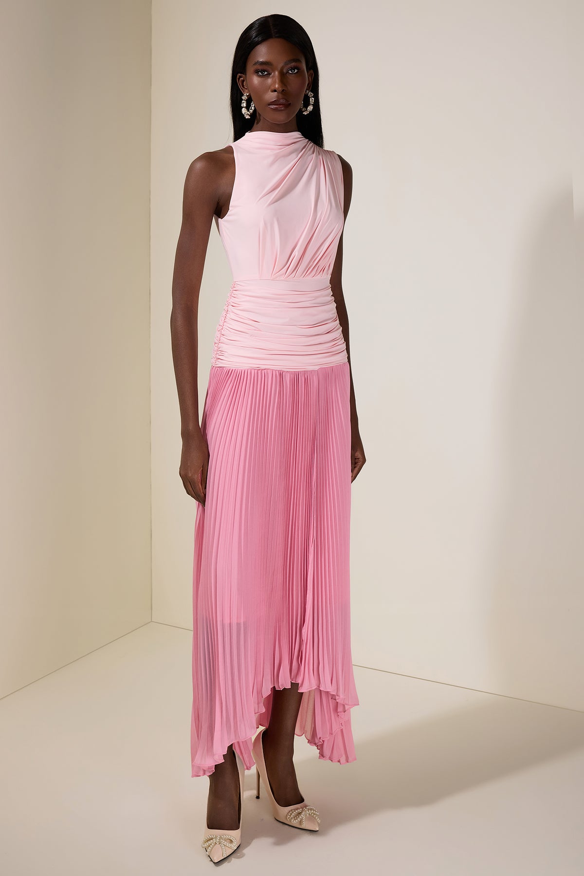 Jersey Splicing Chiffon Pleated Midi Dress