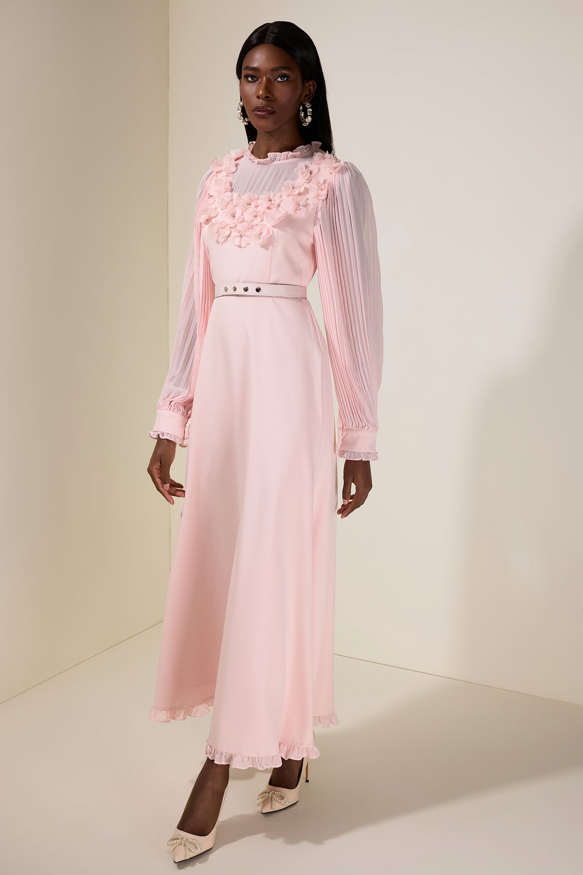 3D Flower Pleated Midi Dress With Belt