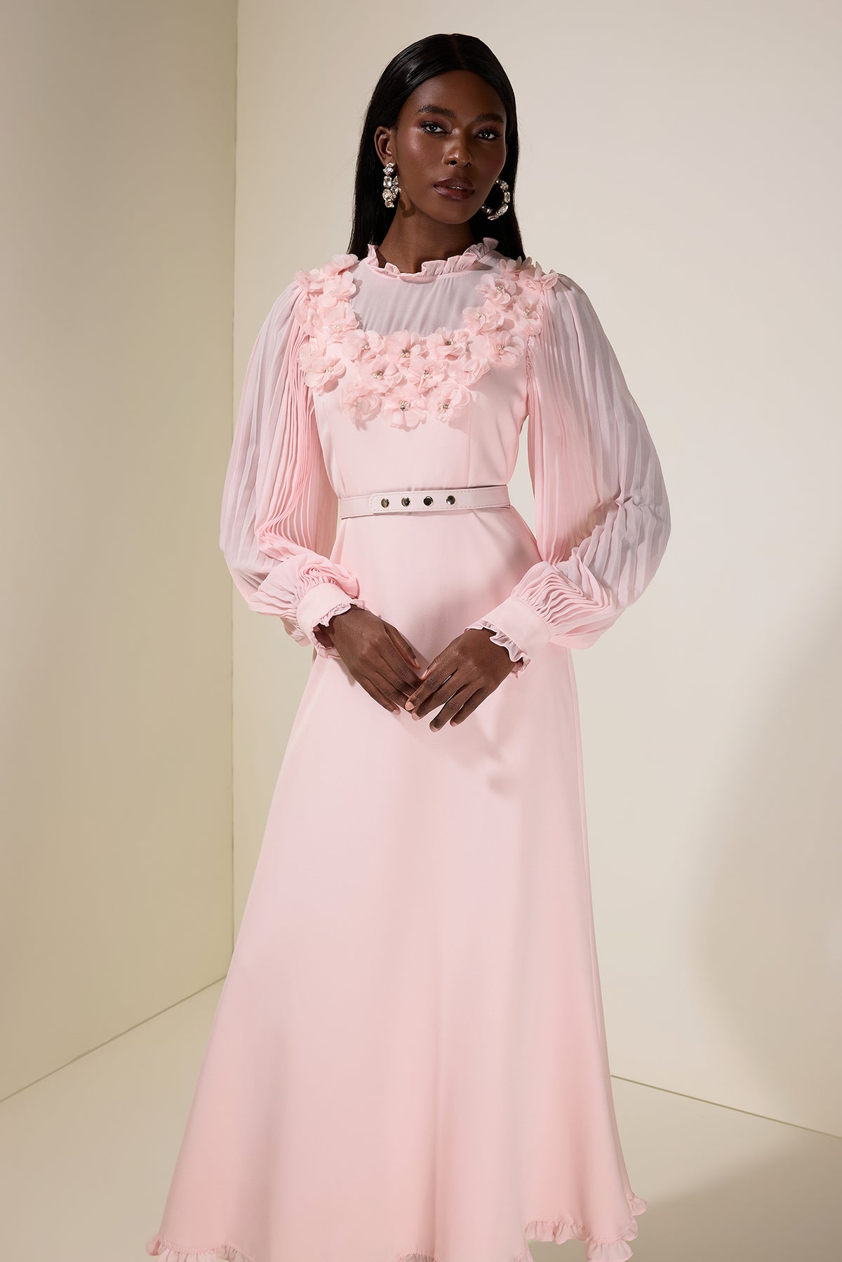 3D Flower Pleated Midi Dress With Belt