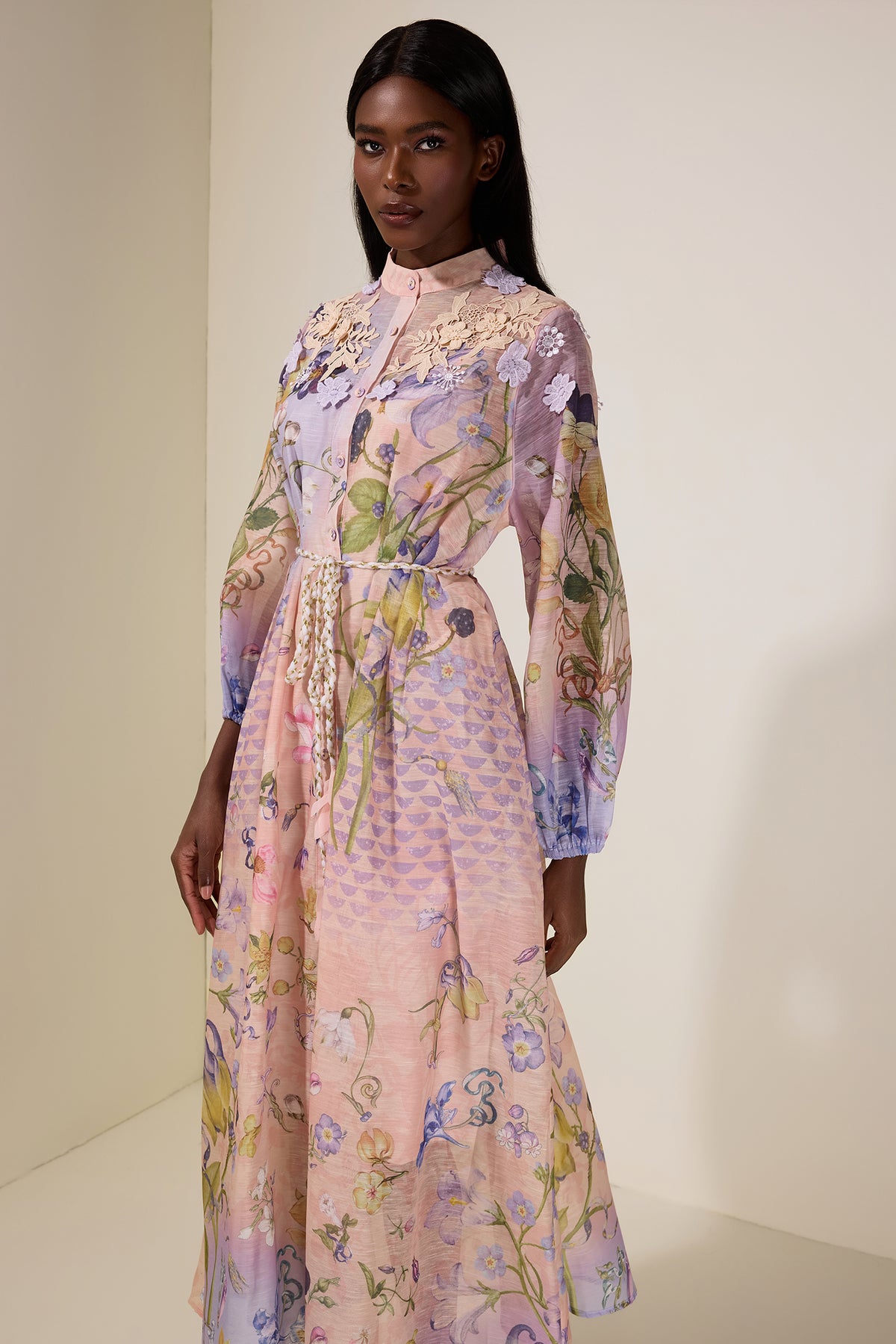 Floral Embroidered Lantern Sleeve Midi Dress