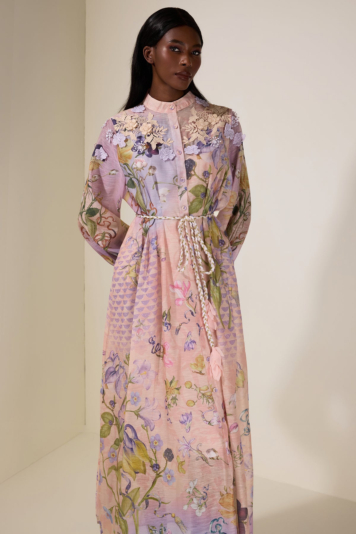 Floral Embroidered Lantern Sleeve Midi Dress