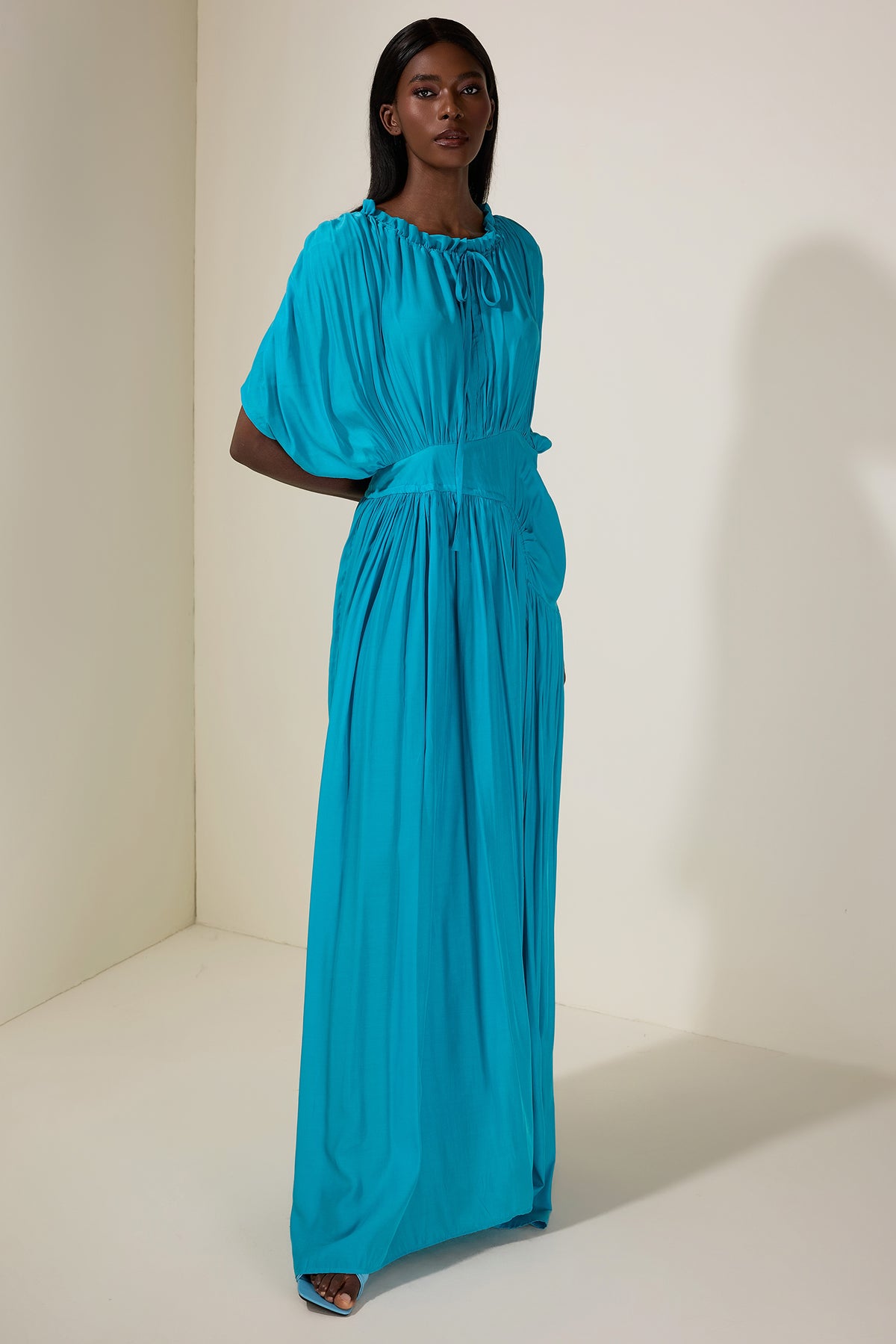 Solid Shirring Tie-Up Maxi Dress