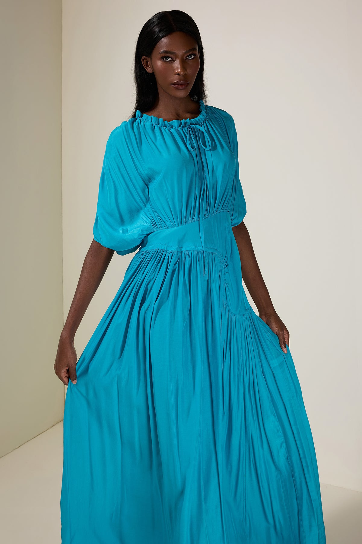 Solid Shirring Tie-Up Maxi Dress