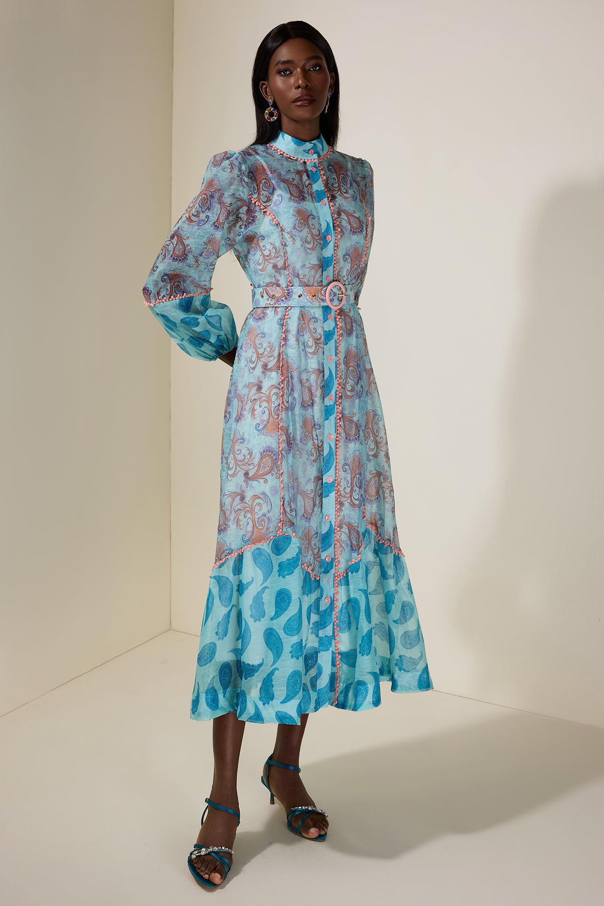 Paisley Print Single Breasted Lace Midi Dress With Belt