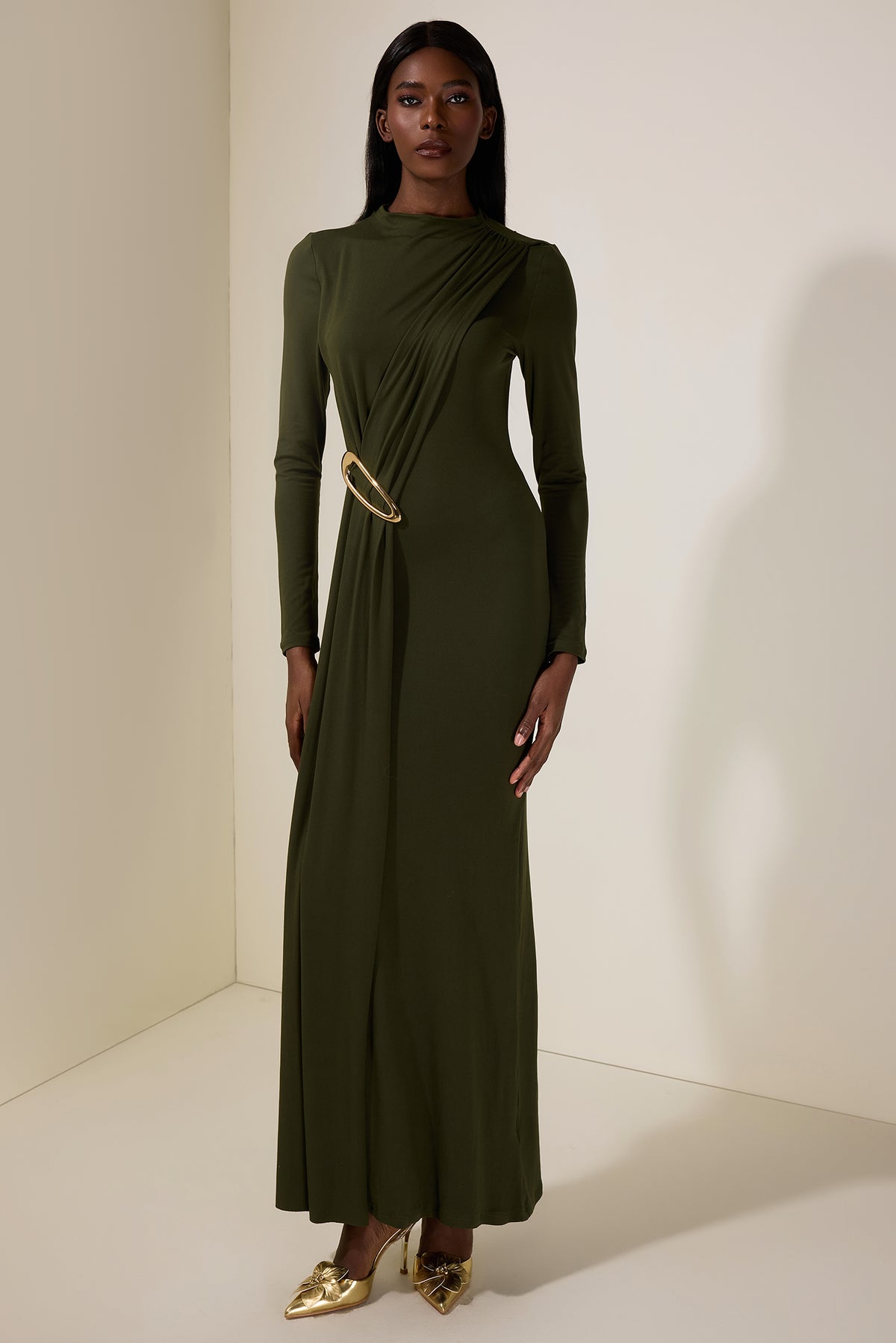 Jersey Metal Decorations Long Sleeve Maxi Dress