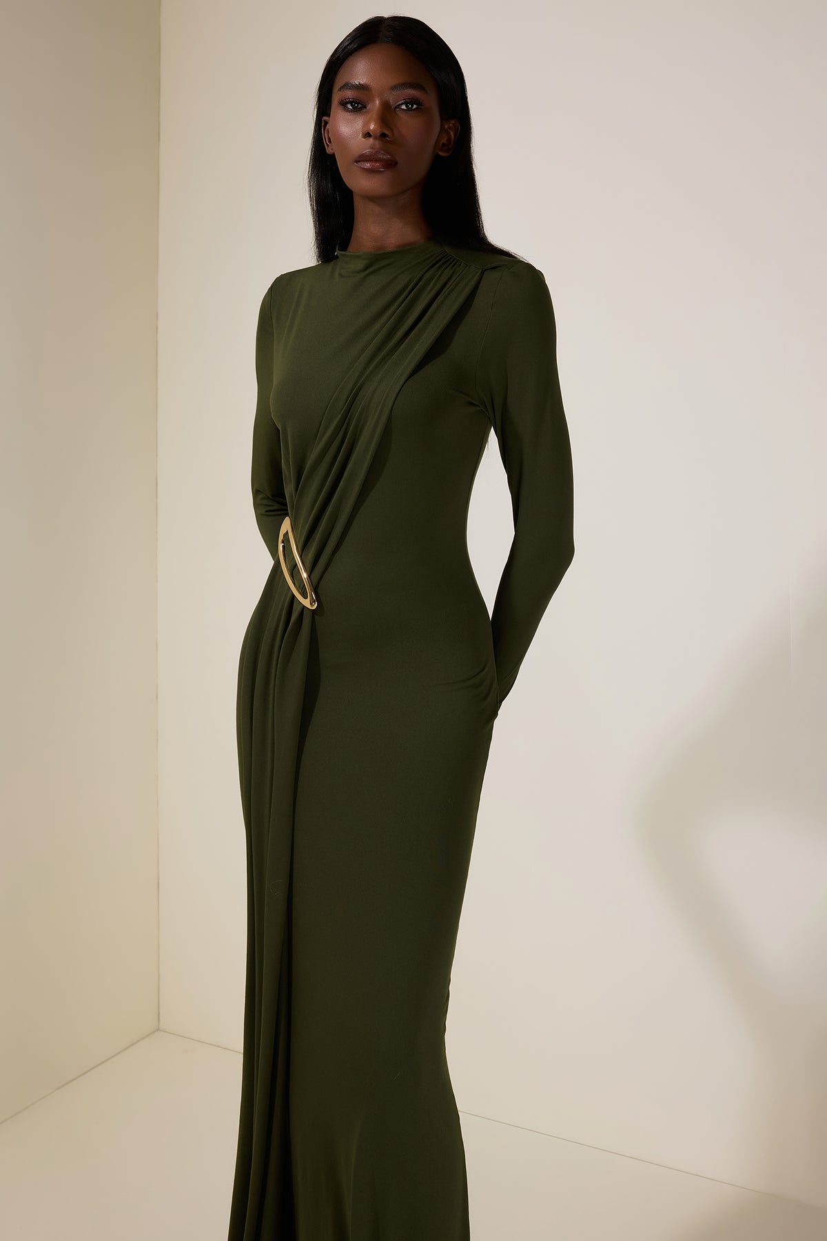 Jersey Metal Decorations Long Sleeve Maxi Dress