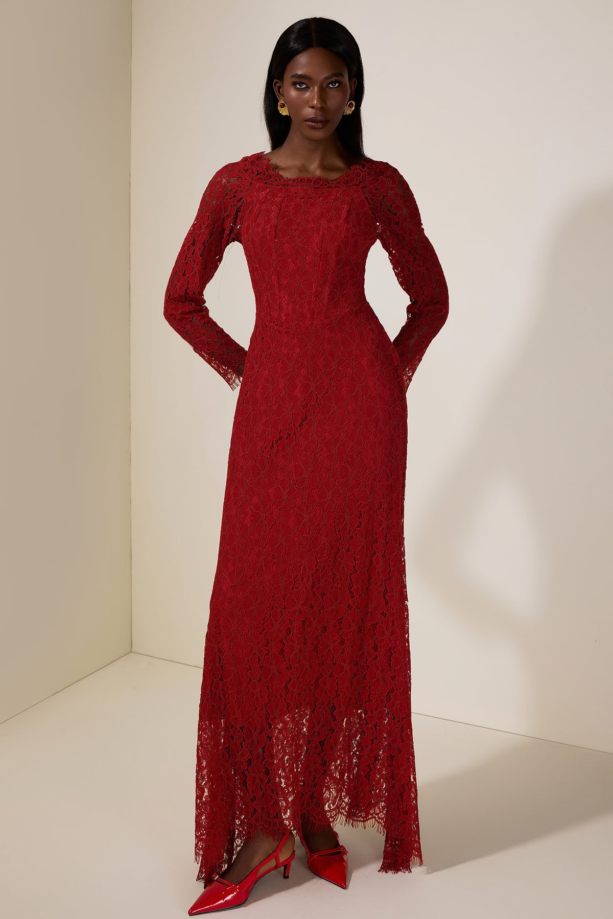 Lace Corset Long Sleeve Maxi Dress