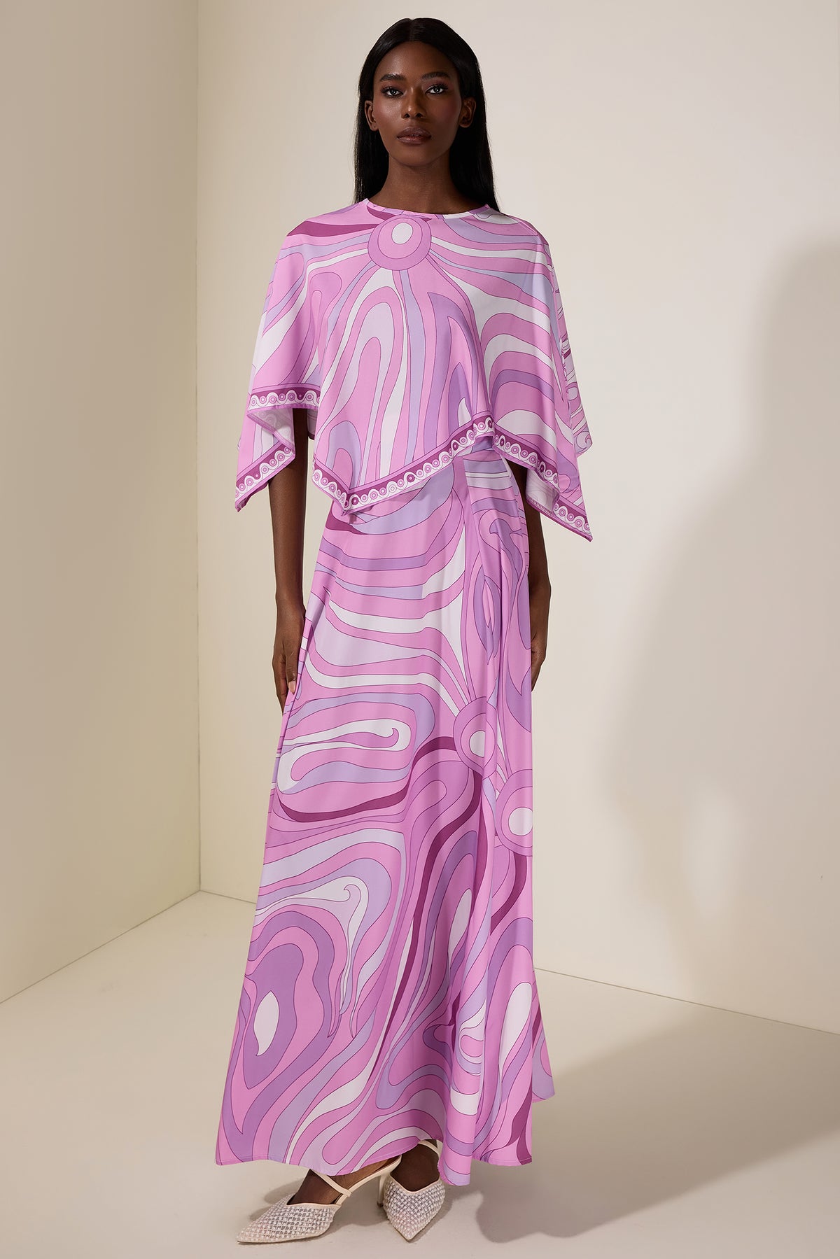 Abstract Print Cape Sleeve Top & Maxi Skirt