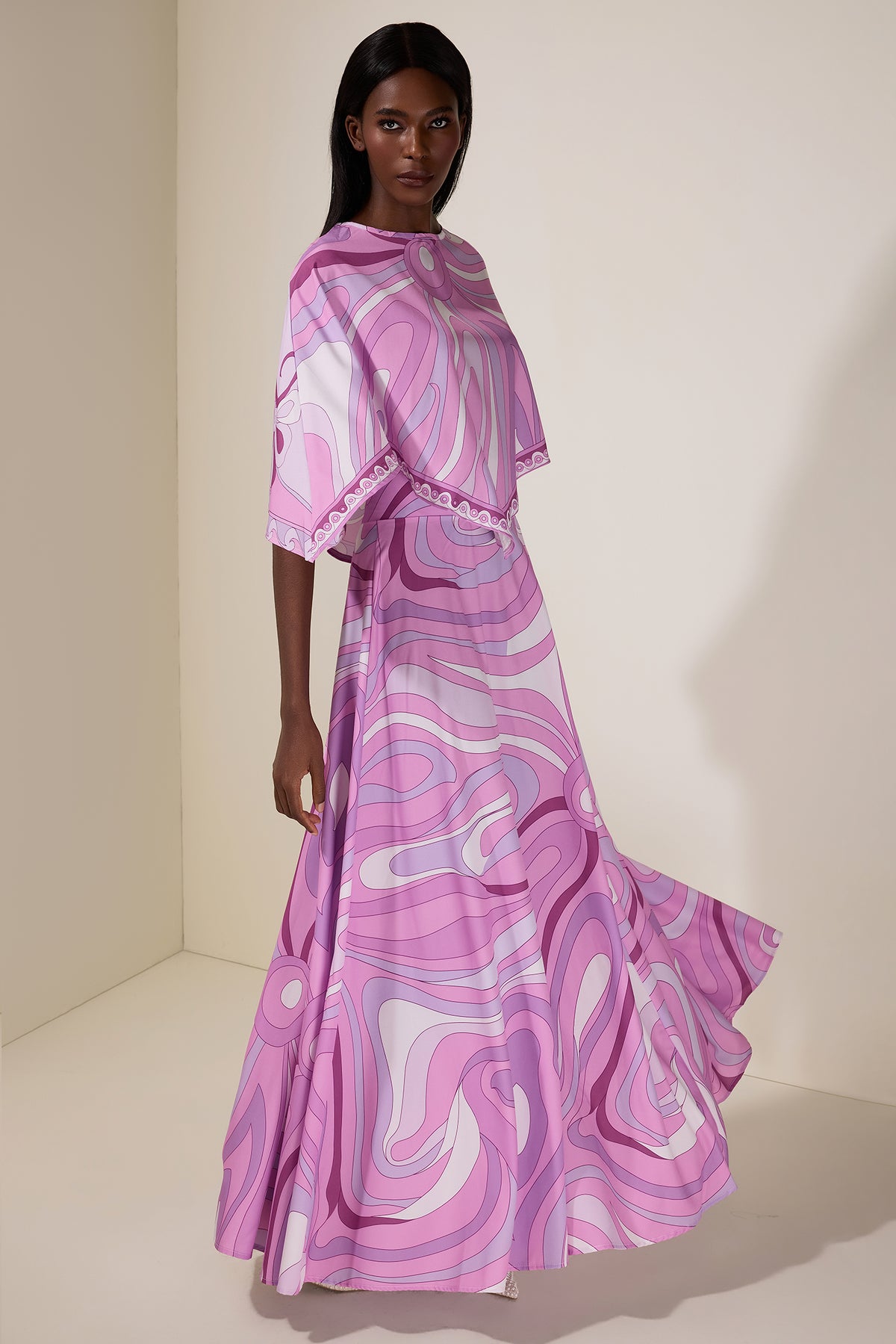 Abstract Print Cape Sleeve Top & Maxi Skirt