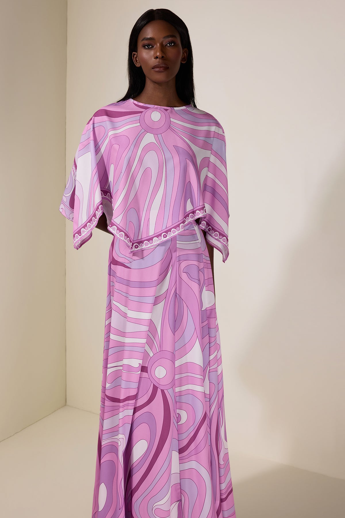 Abstract Print Cape Sleeve Top & Maxi Skirt