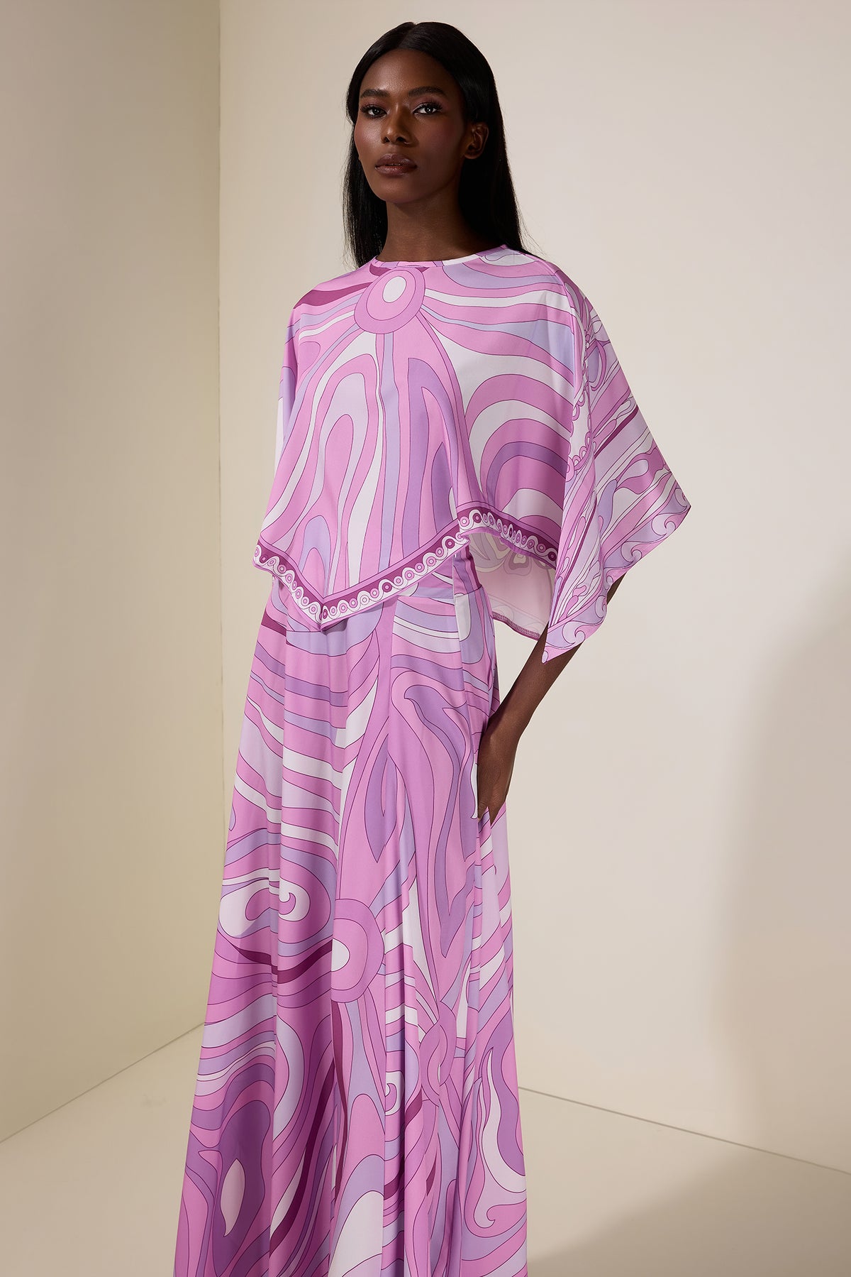 Abstract Print Cape Sleeve Top & Maxi Skirt