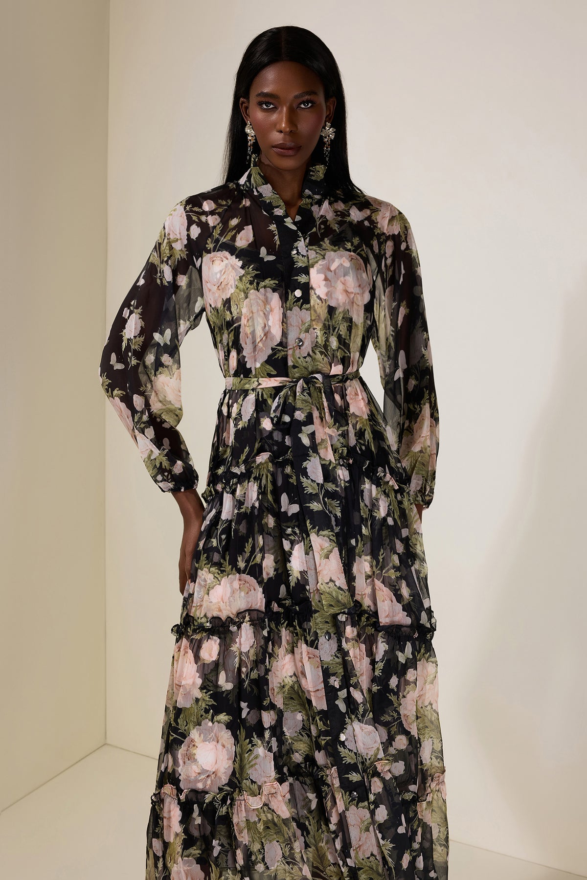Chiffon Floral Single Breasted Midi Dress With Belt