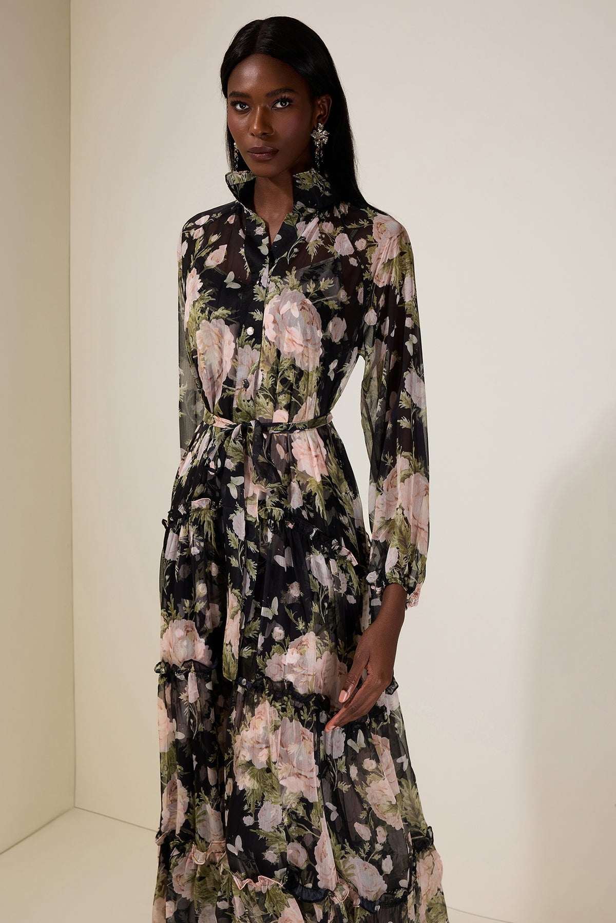 Chiffon Floral Single Breasted Midi Dress With Belt