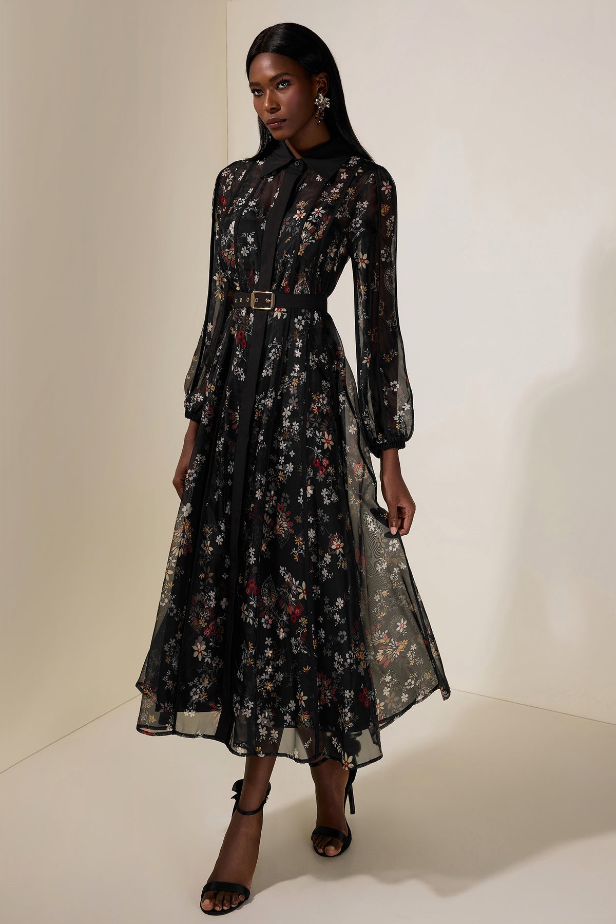 Floral Shirt Collar Single Breasted Midi Dress With Belt