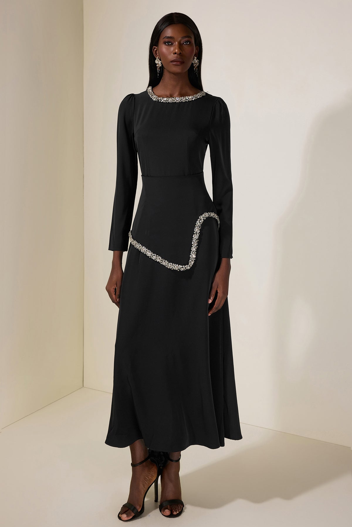 Rhinestone Long Sleeve Midi Dress