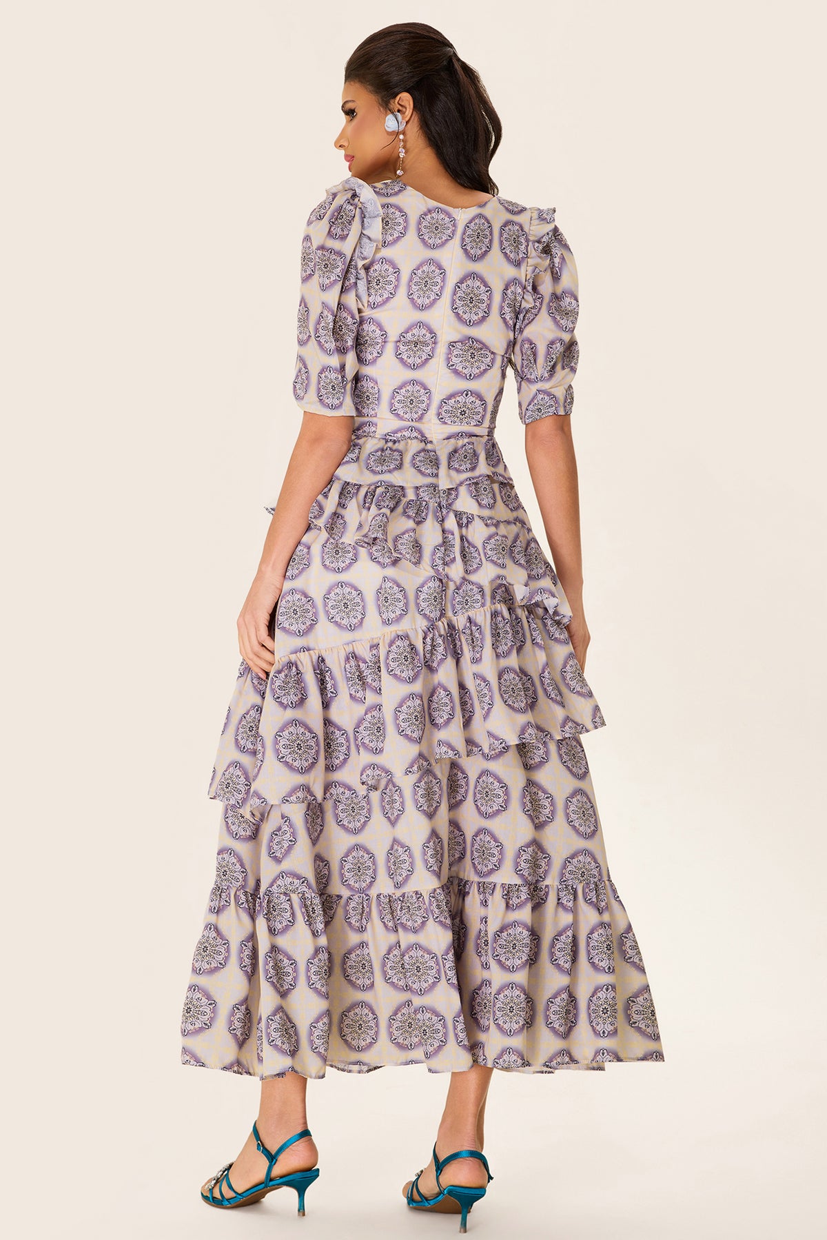 Ruffle Puff Sleeve Bow Midi Dress