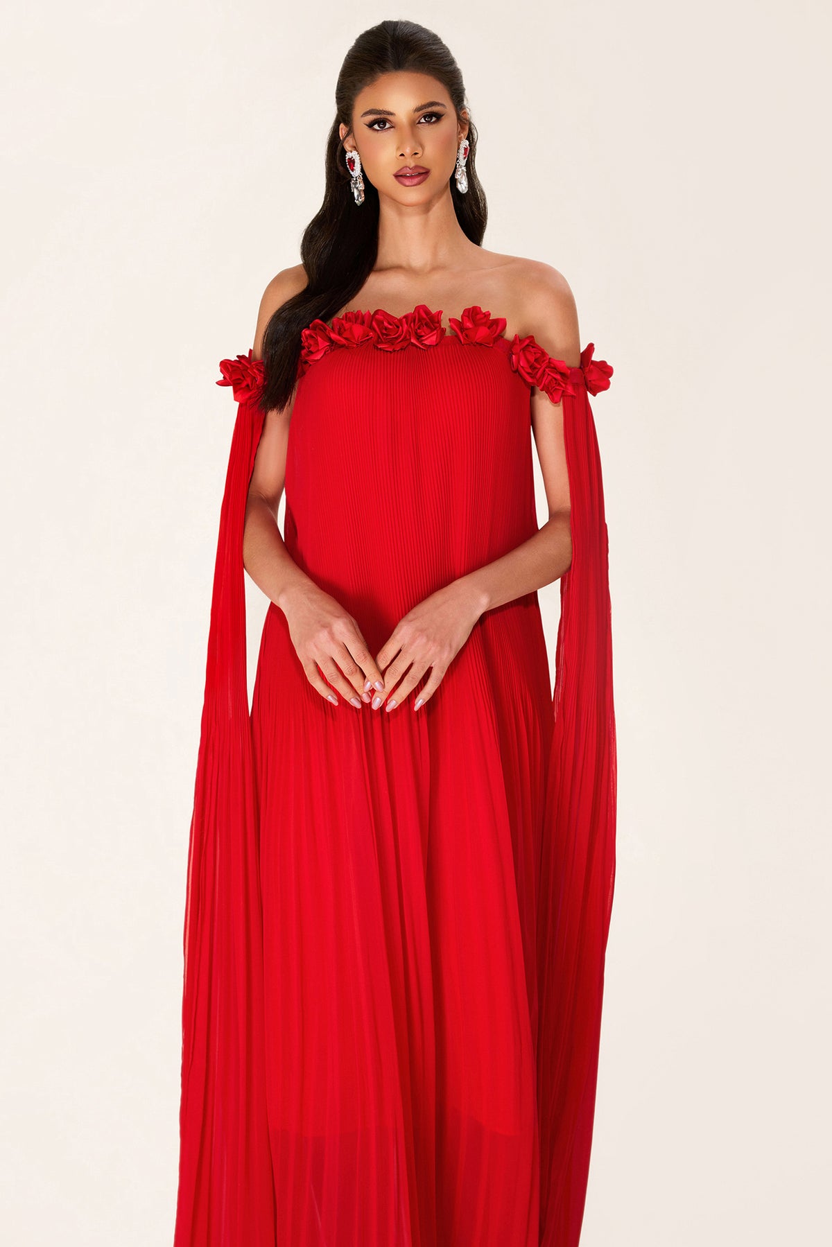 3D Flower Chiffon Off-Shoulder Pleat Maxi Dress