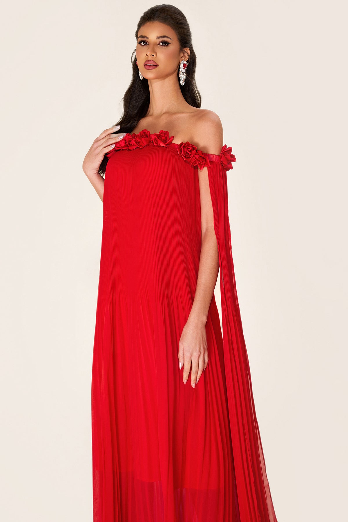 3D Flower Chiffon Off-Shoulder Pleat Maxi Dress