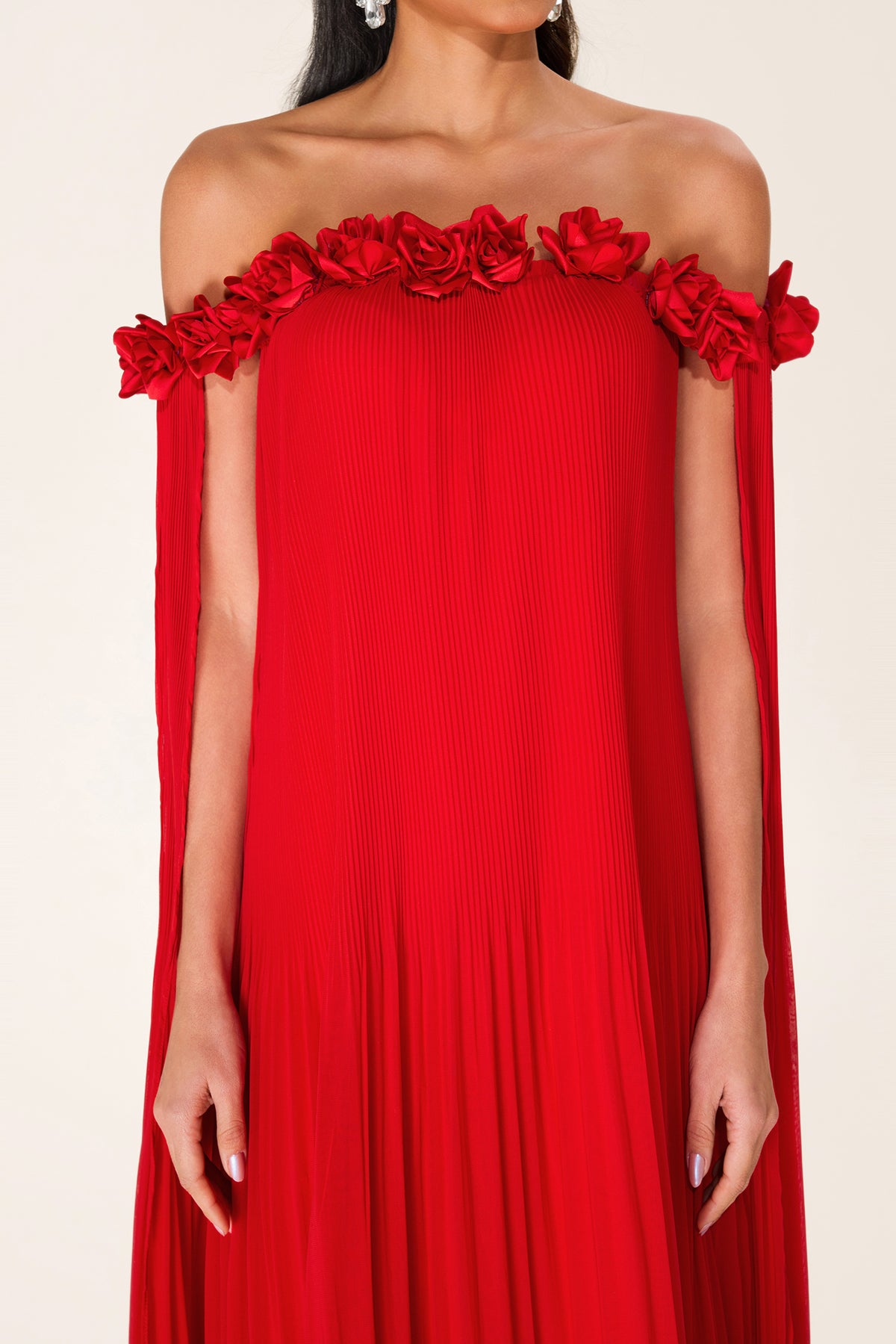 3D Flower Chiffon Off-Shoulder Pleat Maxi Dress