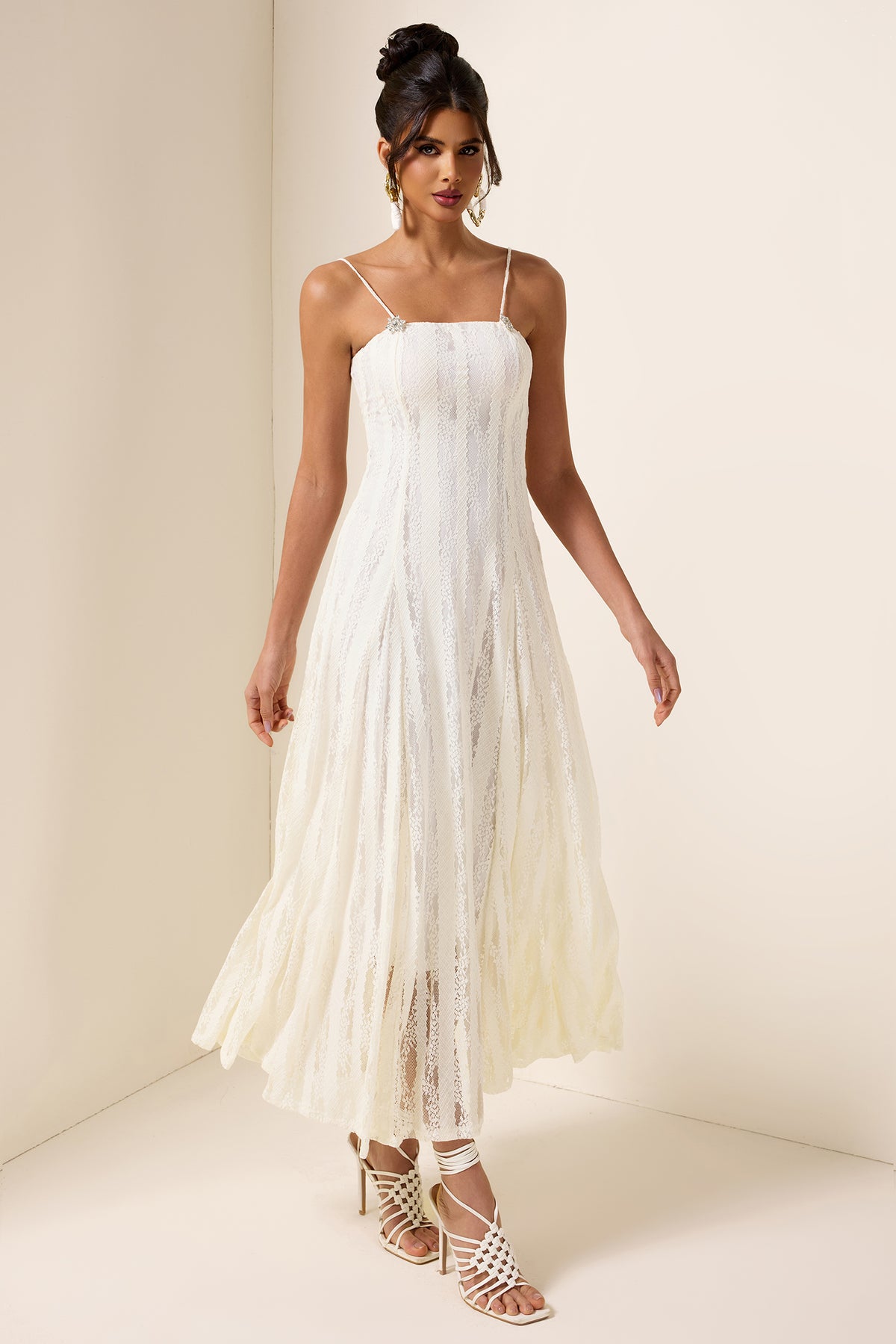 Solid Lace Rhinestone Midi Dress