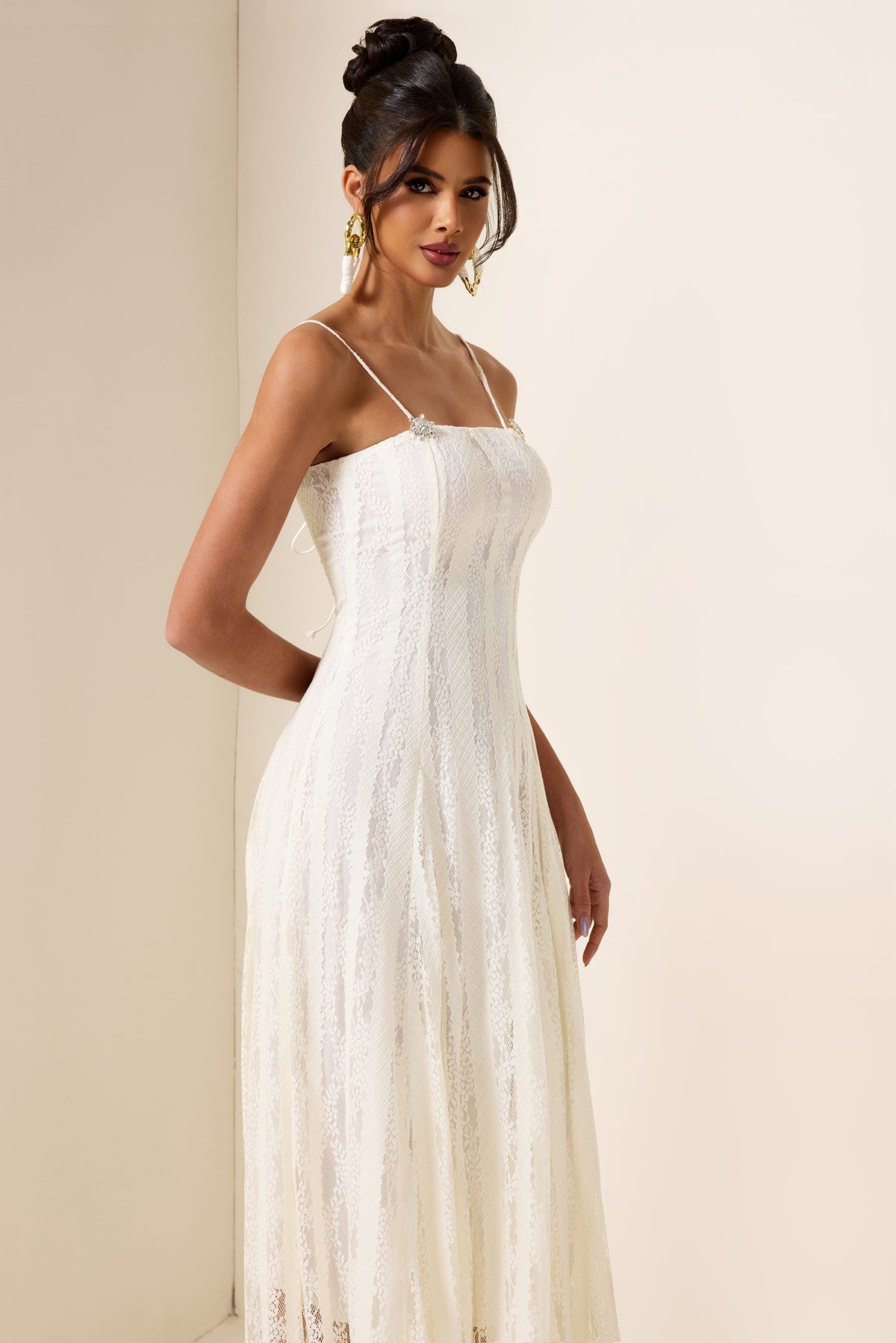 Solid Lace Rhinestone Midi Dress