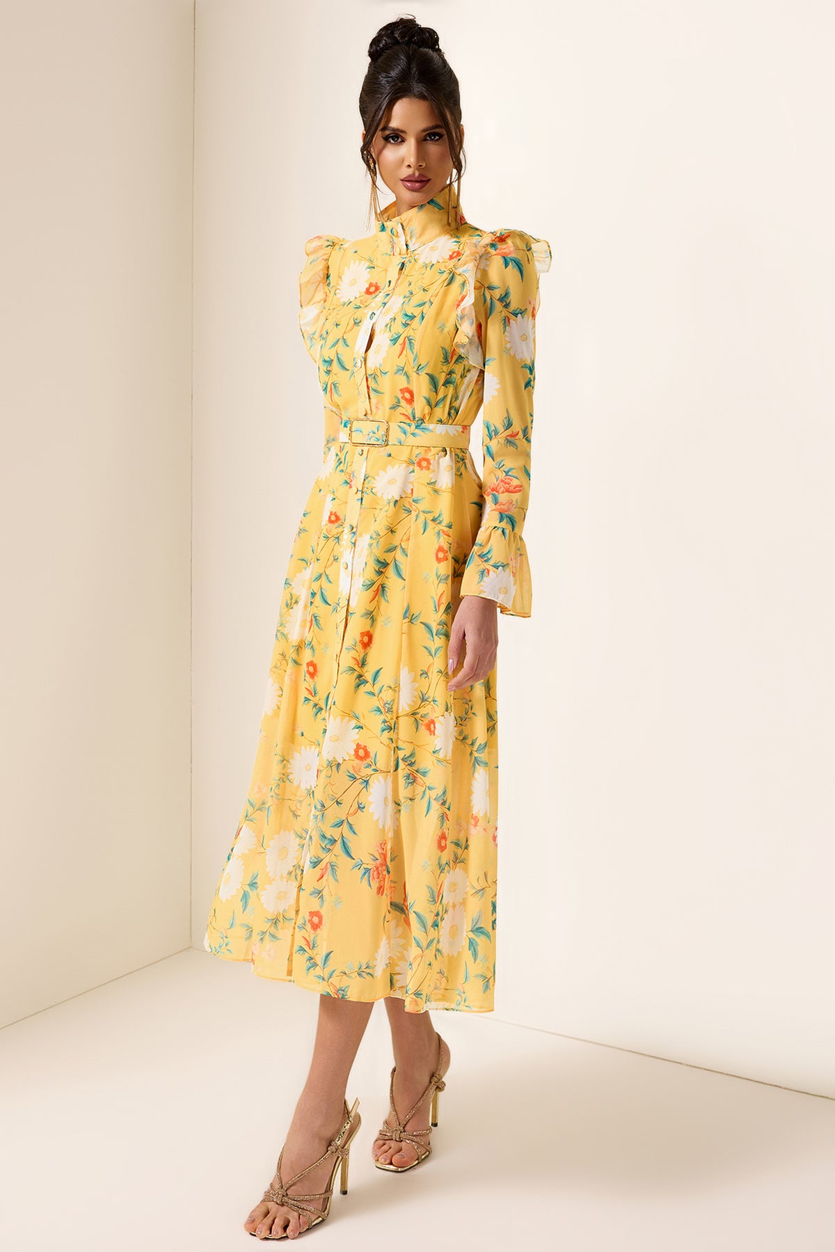 Floral Frill Butterfly Sleeve Midi Dress With Belt