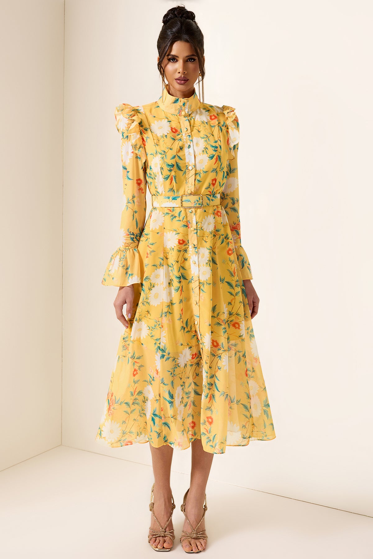 Floral Frill Butterfly Sleeve Midi Dress With Belt