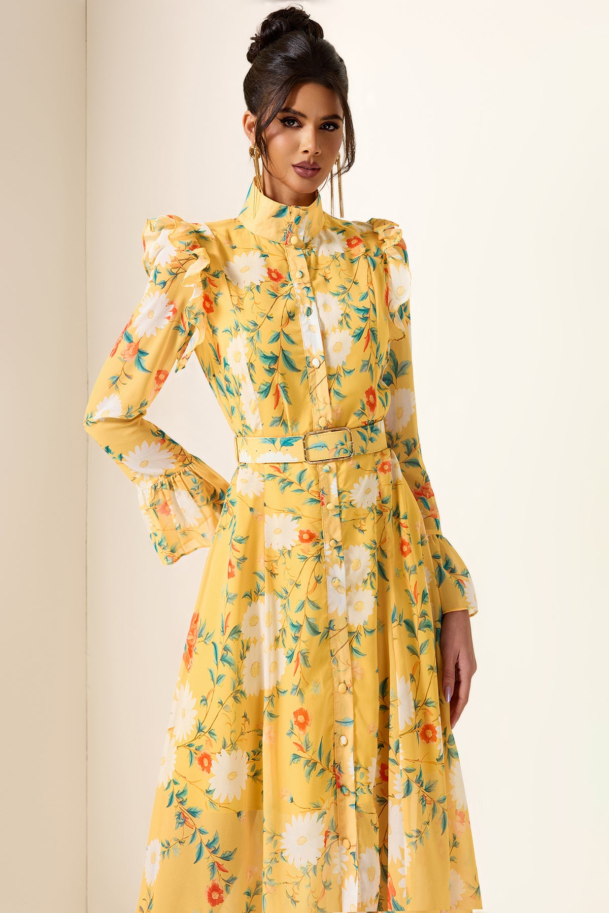 Floral Frill Butterfly Sleeve Midi Dress With Belt